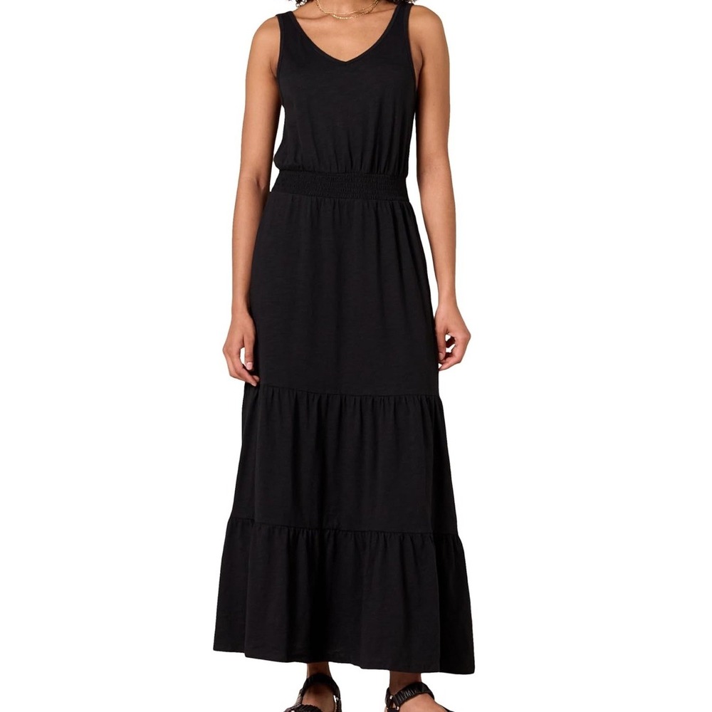 NWT Women's Amazon Essentials Sleeveless Scoop Neck Tiered Maxi Dress Black XL